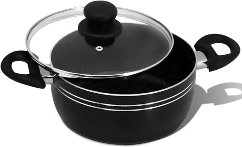 Bargain House Nonstick Stockpot with Tempered Glass Lid with Steam Vent - Induction Bottom – Soft Touch Handles - Suitable for All Hob Types, Granite Coated Cookware – Dishwasher Safe – Black 20 CM