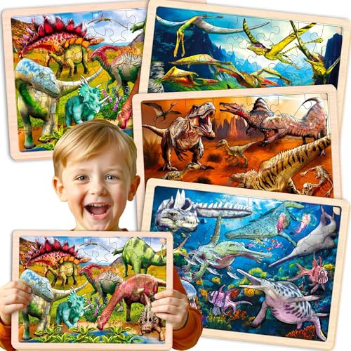 QUOKKA Spielzeug Puzzle ab 3 4 5 Jahre - 4x36 Holzpuzzle Spiele für Kinder - Geschenk Kinderspielzeug für Mädchen and Junge ab 6 7 mit Realistischen Dinosauriern | 4x36 Holzpuzzle - Lernspiele - Geschenk-Kinderspielzeug für Kinder ab 6-7 Jahren
