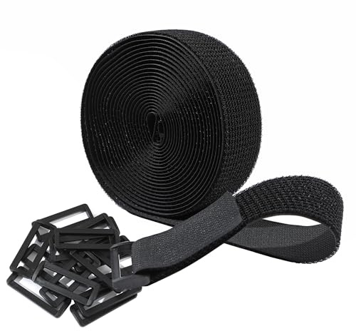 5cm x 5m Hook and Loop Securing Straps with 15 Buckles, Free Cut Length | Easy to use | Adjustable | Reusable Fastening Cable Ties, 5cm Wide Cinch Strap for Wire, Cord Wraps, Cable Management- Black