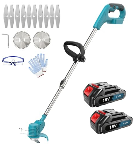 Rasentrimmer, Akku Rasentrimmer mit 2X 3.0Ah Akku und Ladegerät, Ersatz für Makita 18V Batterie, Motorsense Akku Teleslopstiel 90° Schwenkbarer Kopf 6in Klingen für Rasen Garten