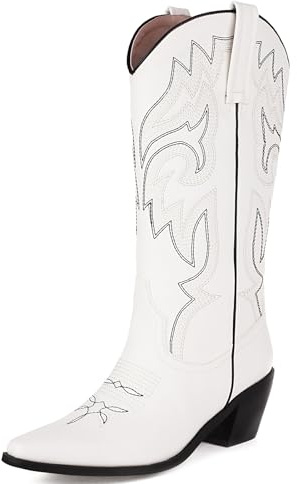 Voviggiw Women Mid Calf Cowboy Boots Embroidered Western Boots Cowgirl Boots White Mark Size 41