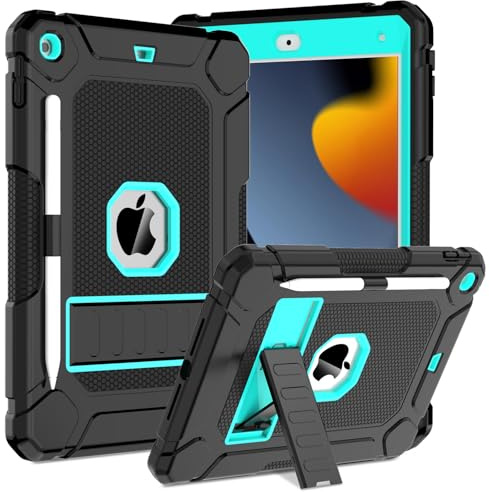 TOPWANT Case for iPad 9th 8th 7th Gen 2021/2020/2019 10.2“, Black+Turquoise | Heavy Duty Shockproof iPad Case Cover, with Sturdy Kickstand, Rugged Protective Case, Pencil Holder