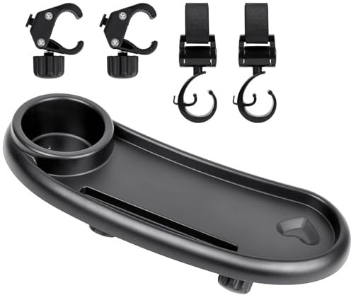 OSDUE Kinderwagen Tablett, 3 in 1 Snack Tablett für Kinderwagen, Kinderwagen Snack Tray, 360 Grad Drehbares Kinderwagen Snack Tablett, Kinderwagen Getränkehalter mit 2 Haken Verstellbarem Clip