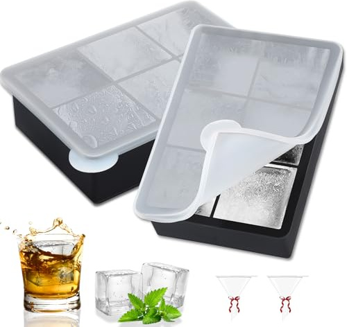 Gucass 2 stycken isbitsformar, silikon, isbitsbehållare med lock, 5 cm, 6 fack isbitsformar, stora kvadratiska isbitsskålar, BPA-fri isbitsbricka för whisky cocktails vin frukt choklad