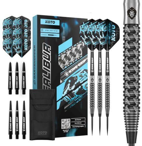 KOTO - Excalibur, 21G, 90% Tungsten, Schwarz & Silber, Steeltip Dartpfeile | 21G Steeldart Pfeile, Inkl. 3 Barrels, 3 Dart Flight & 3 Shaft, Geriffelter Ringgrip, Lasergravur
