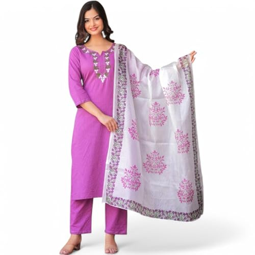 RangMahal Ensemble Kurta en coton avec pantalon et dupatta pour femme, lavande, X-Large