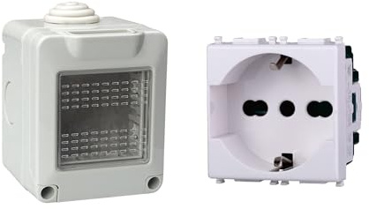 Kit Scatola Elettrica IP55, Completa Di Frutti Compatibile Con Vimar Plana, 2 Moduli Presa Schuko P40 Universale 10/16A, Contenitore Con Coperchio, Da Muro Parete Esterno e Interno