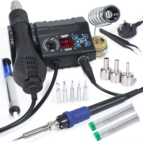 WEP 882D Soldering Iron Station 2-in-1 SMD Hot Air Soldering Station with 2 Spools of Solder Wire, 5 Soldering Tips, 3 Hot Air Nozzles, Brass Wool Tip Cleaner, Tweezers, Desoldering Pump (UK Plug)