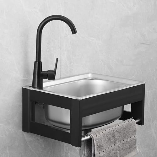 DYUNCZ Edelstahl Spültisch, Spültisch, Wandmontage-Waschbecken-Set mit Warm- und Kaltwasserhahn/Abflussrohren, Aluminiumrahmen, für Küche, Restaurant(58x43cm/23x17)