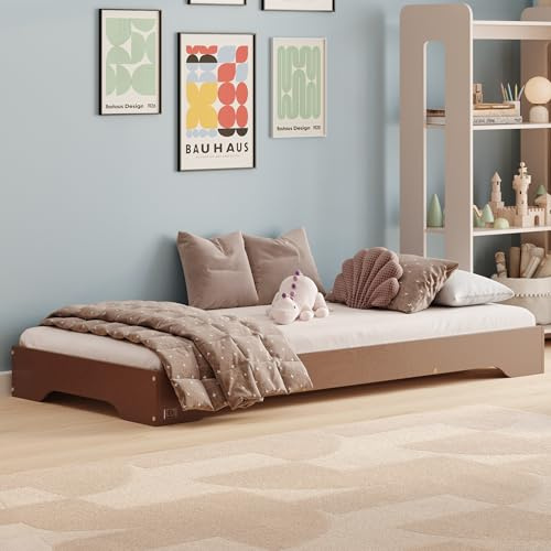 smartwood Kinderbett 140x200 cm mit Lattenrost, aus Holz, Braun, TILA 7 | Montessori Bodenbett, Einstiegshöhe 18 cm, Belastbar bis 300 kg, FSC-Kiefernsperrholz, abgerundete Kanten, Einfache Montage