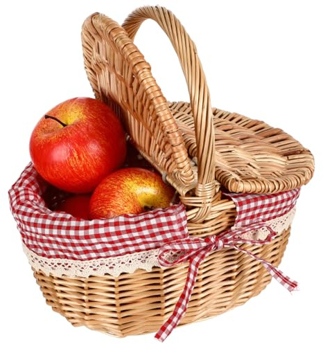 Hemobllo Picknickkorb Kinder 26x18x15 cm – ovaler Weidenkorb mit Doppeldeckel & Klappgriff, rot-weiß Kariertes Inlett, kompakt für 2 Personen, Geschenk-Osterkorb