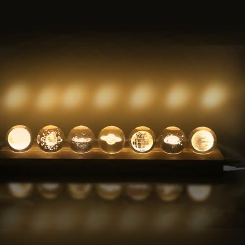 Yabound 3D Kristallkugel Nachtlicht, 7 Bunte Glaskristallkugeln mit LED-Licht mit Holzsockel, 40mm Glaskugel Lampe, Astronomie Geschenk für Mutter, Kinder, Freundin (A)