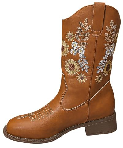 Western ankelstövlar dam läder – cowboystövlar med broderi jacquard blockklack halvstövlar halkfria ridstövlar spettå slip-stövlar blommotiv damstövlar halvlånga stridskängor, kaki, 39 EU