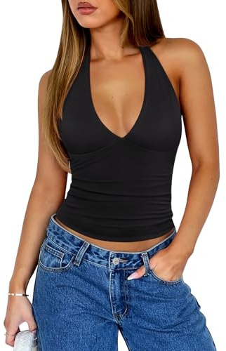 REORIA Womens Halter Tank Tops Double Lined Basic Cami Shirts Sexy Backless Y2K Trendy Going Out Top, Black X-Small