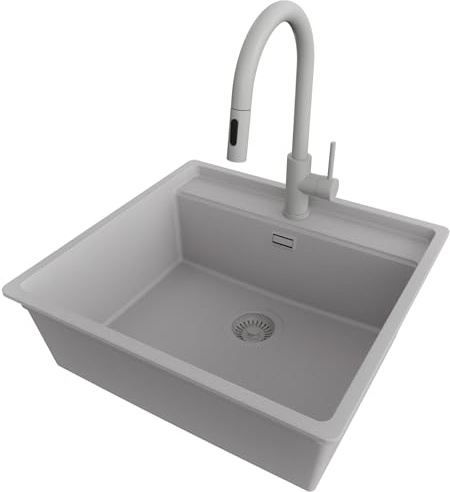 PRIMAGRAN Evier Cuisine en Granit Gris 56x53cm, Lavabo 1 bac + Robinet 40x20cm + Kit de Vidage, Évier à Encastrer al mueble 60cm - Bergen S134