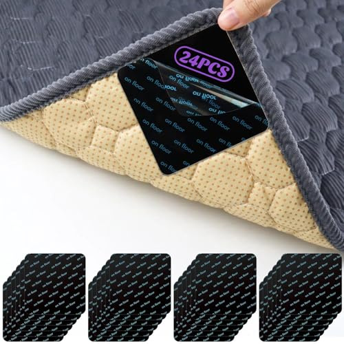 24 Pezzi Antiscivolo per Tappeti – 10x10cm Adesivi Ferma Tappeto Doppio Lato Riutilizzabili e Lavabili, Nero Sottotappeto Antiscivolo per Pavimenti in Piastrelle, Legno, Vinile – Blocca Tappeto Angoli