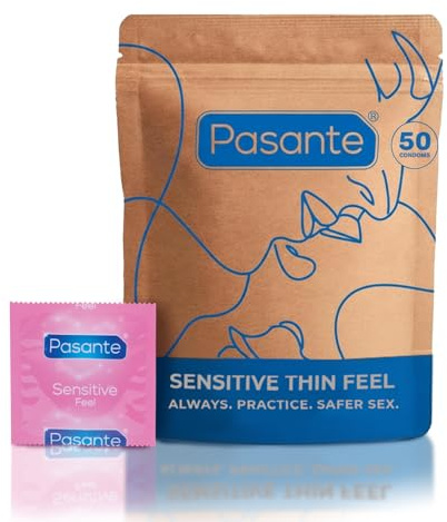 Pasante Sensitive Condoms Thin Extra Feel 50 Pack - Condoms Bulk for Men, Silicone Lube, Natural Latex, Extra Safe Pleasure, Long Last Delay and Close Fit