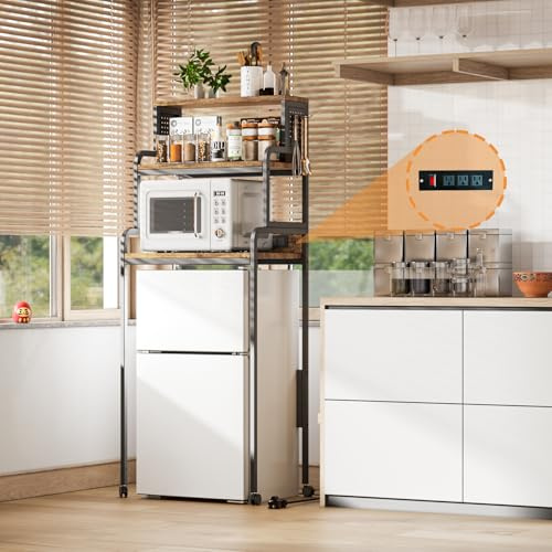 Vintage Brown 4-Tier Mini Fridge Stand with Power Outlet & Pegboard, Space-Saving Bakers Rack & Microwave Oven Shelf, Storage Cabinet for Dorm Room & Kitchen