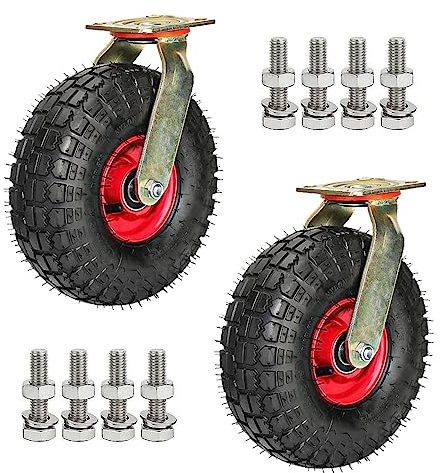 Kraftiga hjul, pneumatiskt svängbara hjul, utbytesgummihjul, röd fälg med däckådror, transporthjul med broms för skottkärror, blomkrukor