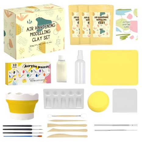 lilaBelle]Lufttrocknendes Ton-Töpfer-Set für Anfänger, Töpferset für Zuhause mit Lufttrocknenden Ton, Acrylfarben, Stempeln und Werkzeugen, Kreative DIY Geschenke