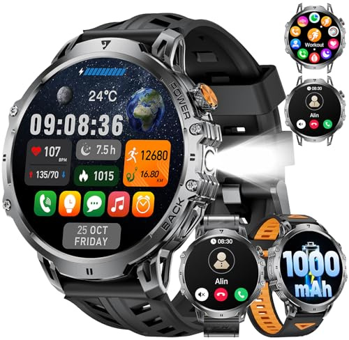 Smartwatch Uomo con 1000 mAh Batteria, 1.85 Militari Orologio Smart Watch Torcia LED, Chiamate Bluetooth/110+ Modalità Sportive, 24H Frequenza Cardiaca/Sonno, IP68 Android iOS Silicone