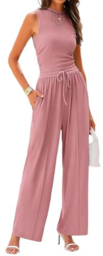 Rayson Tuta Donna Casual 2 Pezzi Estate Completo Canotta Senza Maniche e Vita Alta a Gamba Larga Pantaloni Lunghi Tasche con Coulisse Tinta Unita（Rosa,M）