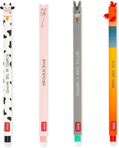 LEGAMI - Set of 4 Farm Sweet Farm Erasable Gel Pens, Stylos à encre thermosensible effaçable, noir, rose, vert, rouge, efface sans consommer de feuille, pointe 0,7 mm