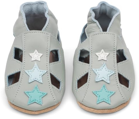 Dotty Fish Soft Leather Infant Toddler Sandals. Grey with Stars. 12-18 Months