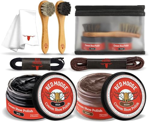 RED MOOSE 8pc Brown & Black Shoe Polish Kit – Made in USA – 2 Brushes, Buffing Cloth, Travel Case & Laces – Rich Cream with Natural Waxes & Oils – Brown & Black Shoe Polish for Leather