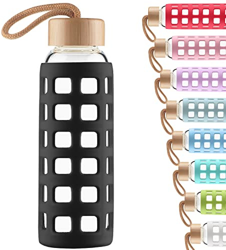 Cleesmil Sports Glass Water Bottle with Silicone Sleeve with Bamboo Lid BPA Free 360 ml (Black)