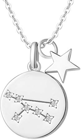 Sternzeichen Kette aus Solide 925 Sterling Silber mit Weiß Vergoldet 15mm Durchmesser Anhänger Halskette Einfach Minimalistisch Geschenk Schmuck für Damen Mädchen - Verstellbar Kettenlänge: 40 + 5 cm