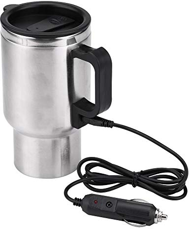 Car Electric Cup, 12V 450ml Stainless Steel Heated Travel Mug Self Heating Mug Travel Heating Cup Heated Coffee Tea Mug with Cigarette Lighter Cable, for Hot Water, Coffee, Travel, Home Use