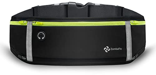Zombaflo Laufgürtel – wasserdichte Handyhalterung, verstellbare Hüfttasche mit reflektierenden Streifen – passend für große Handys – für Fitnessstudio, Wandern, Reisen, jet black, waist size 60-110