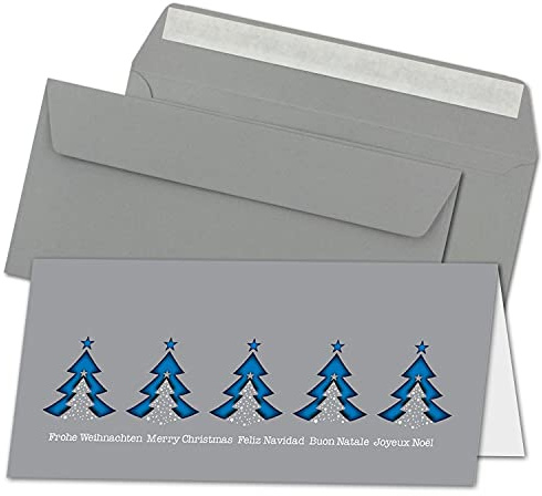 NEUSER PAPIER 10x Weihnachtskarten-Set DIN Lang in Grau mit blauen Tannenbäumen und Text - Faltkarten mit Umschlägen DIN Lang Grau mit Haftklebung - Weihnachtsgrüße für Firmen und Privat