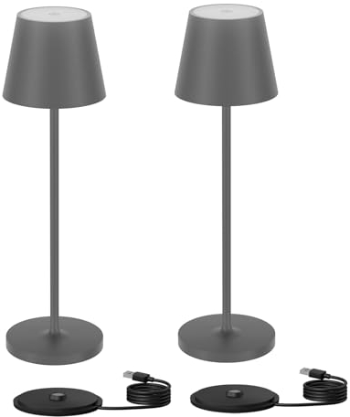 Klighten 2 Stück Dimmbare LED Akku Tischlampe, Warme Lichtfarbe 3000K, Aufladbar Designer Tischleuchte mit USB Ladestation, Dunkelgrau, Aluminium, Für Innen und Aussen
