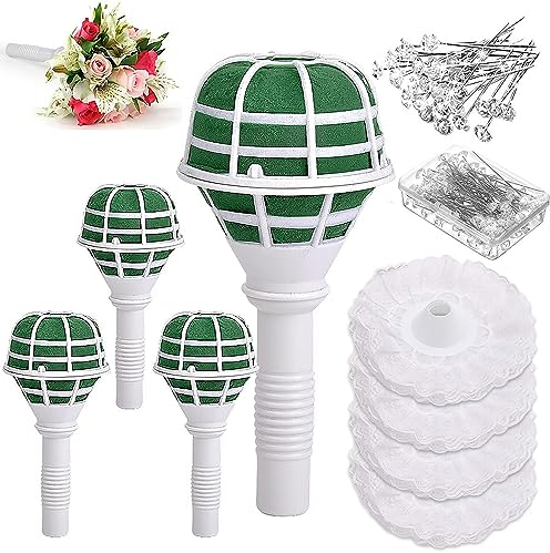 Ousinby Bridal Bouquet Handle,108Pieces Bouquet Bridal Foam Handle with Lace Bouquet Collar Flowers Holder with Flower Pins for Wedding Flower Artificial Flowers Accessories
