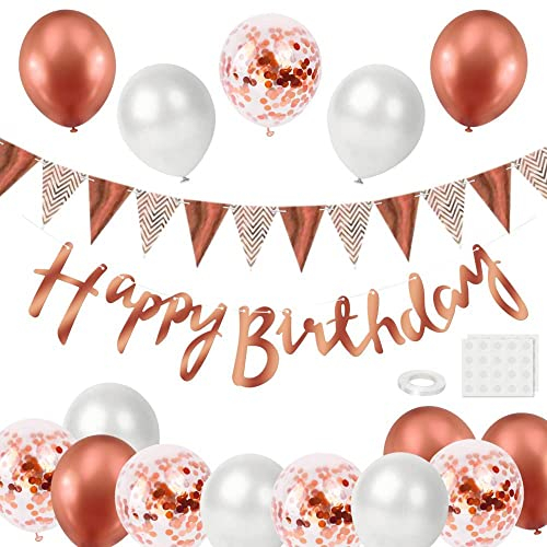 BEKOIUP Ballons Decoration Anniversaire - Deco Anniversaire Guirlande Joyeux Happy Birthday Bannière, Ballon Rosegold avec Confettis pour Adulte Homme Femme Enfant Garçon