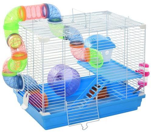 PawHut Kleintierkäfig Nagerkäfig mit Laufrad 2-Ebenen Kleintierstall Käfig Kleintier Futternapf Trinkflasche abnehmbare Bodenwanne Kunststoff Blau+Weiß 46 x 30 x 37 cm
