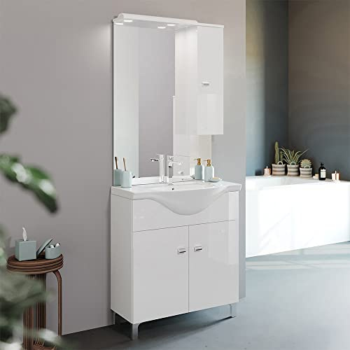 Inbagno Mobile Bagno a Terra 75 cm Bianco Lucido, Completo di lavabo e Specchio con pensile e Luce LED | Creta (75 cm)