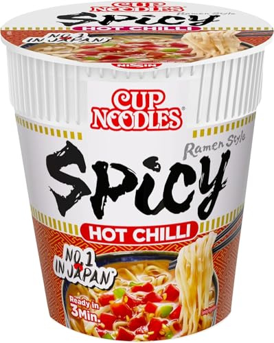 NISSIN Cup Noodles Spicy Hot Chilli Flavoured Instant Noodles, 64 g Pot (Pack of 8)