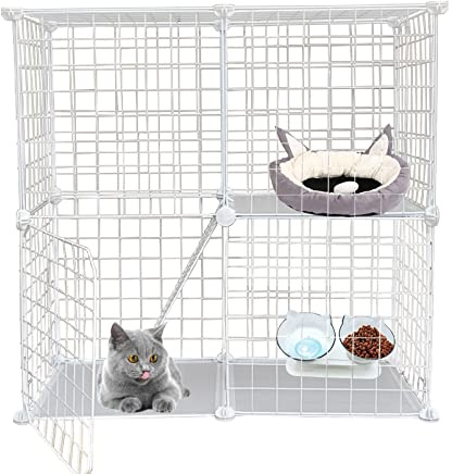 MUYG 2-stöckiger DIY-Katzenkäfig, Kleintierkäfig für den Innenbereich, abnehmbarer Metallkäfig, Katzenhütten, großer Übungsplatz, Laufstall, Kätzchengehege mit 2 Türen, 75 x 39 x 72 cm, Weiß