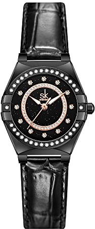 SHENGKE SK Fashion Damenuhren mit Kristall-Diamanten Damen-Armbanduhr mit echtem Leder- und Edelstahlband.(Black Leather)
