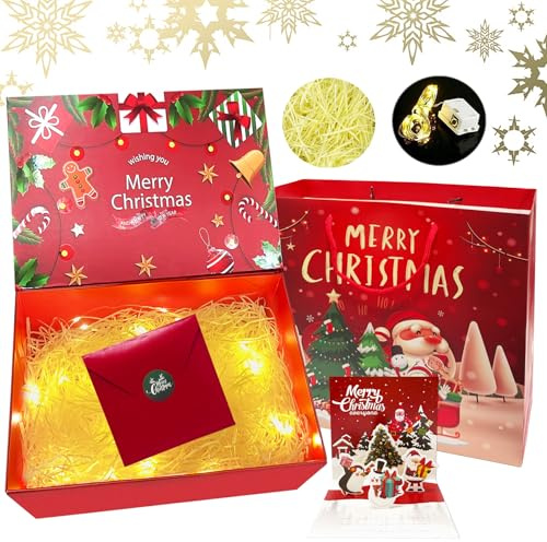 YeahBoom Weihnachten Geschenkbox,Weihnachten Geschenkschachtel mit Deckel,Weihnachtsbaumboxen,Grünen und Roten Weihnachtsmotiven mit Weihnachtsbändern als Geschenk für Geschenk Verpackung