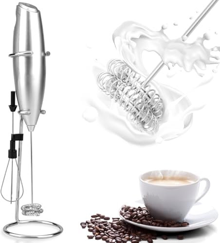Mousseur à lait portable pour café avec support, alimenté par piles (incluses), fouet mélangeur avec 2 têtes de fouet en acier inoxydable pour latte, cappuccino, œuf, chocolat chaud