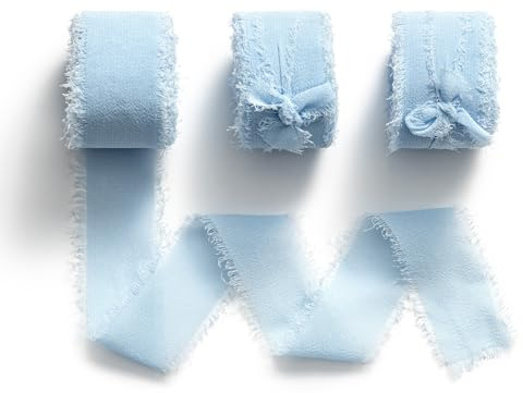 MORSUNBELA Geschenkband Breit Schleifenband Hochzeit Chiffonband Hellblau | 3 Rollen Chiffonband mit Fransen, 25 mm x 6,4 m,breites Geschenkband für Hochzeit,Geburtstag,Geschenkverpackung