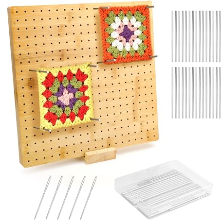YKUKIZEE 11 Inch Crochet Blocking Board, Large Granny Square Blocking Board, Handcrafted Wooden Blocking Board for Crochet with 30 Metal Pins 5 Large Eye Needle and Stand for Knitting Projects