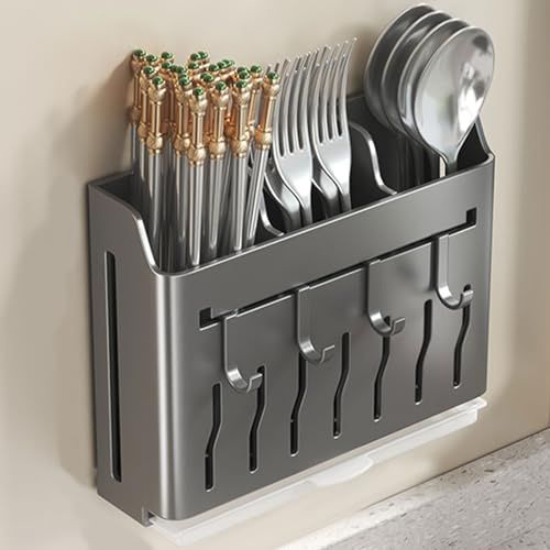 Dxcaicc Porte-ustensiles Mural, Organisateur de Rangement Suspendu avec Crochets, Porte-Couteaux, Baguettes, Couverts, argenterie, Support de Rangement, pour fourchettes,Noir,B