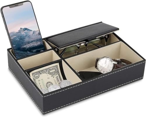 BY for Kitchen & Home Herren Valet Tray Organizer, Herren Schmuckschatulle, Nachttisch Organizer mit 5 Fächern, Kommode Kunstleder Aufbewahrungsbox für Brieftasche, Telefon, Schlüssel