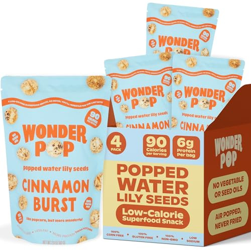 WonderPop Cinnamon Burst – Popped Water Lily Seeds (4-Pack) | Sweet Crunch, 90 Calorie, 6g Protein, Gluten-Free, Non-GMO | Healthy Low-Calorie Snack | 2.11oz Bags