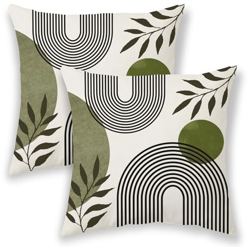 Boho Summer Pillow Covers 16x16 Inch 2 Pcs, Sage Green and Tropical Leaf Outdor Decorative Throw Pillows, Mid Century Abstract Art Farmhouse Decor Pillowcase Linen Cushion Cover for Couch Sofa
